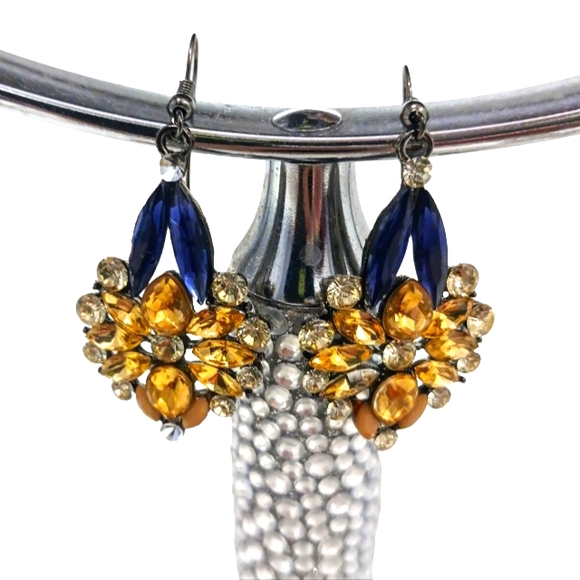 Hollywood Regency Yellow Simulated Diamonds Pierced Earrings Chandelier Dangle - Picture 4 of 11